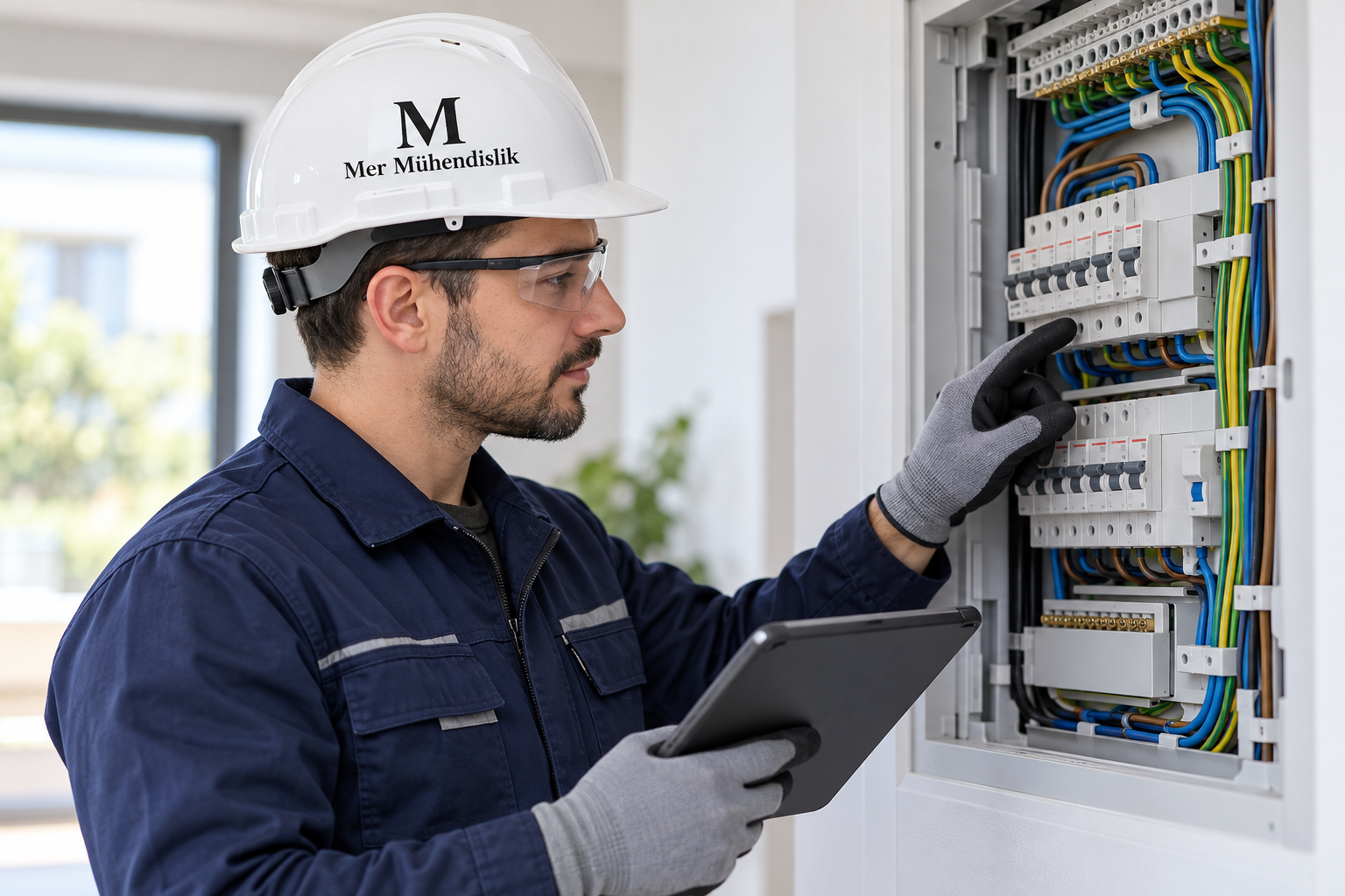 MER Mühendislik logolu baretle kompakt elektrik panosunu inceleyen teknisyen